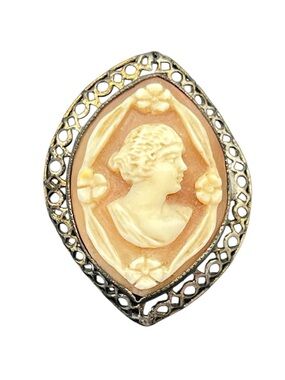 Victorian carved Cameo lady silhouette vintage filigree brooch pin DAMAGED